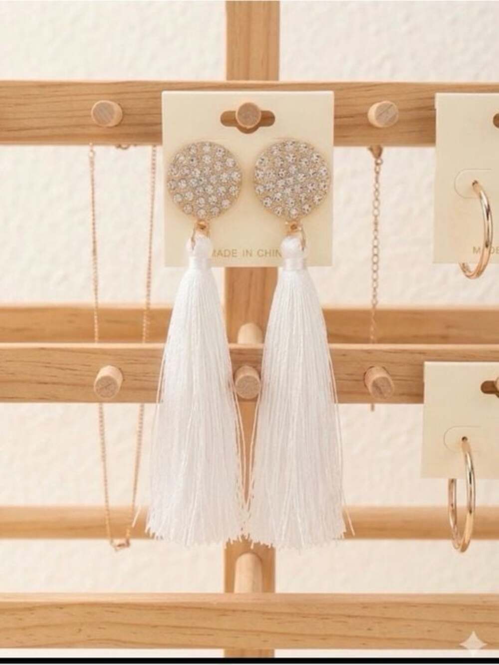 Rhinestone top White Tassel Earrings